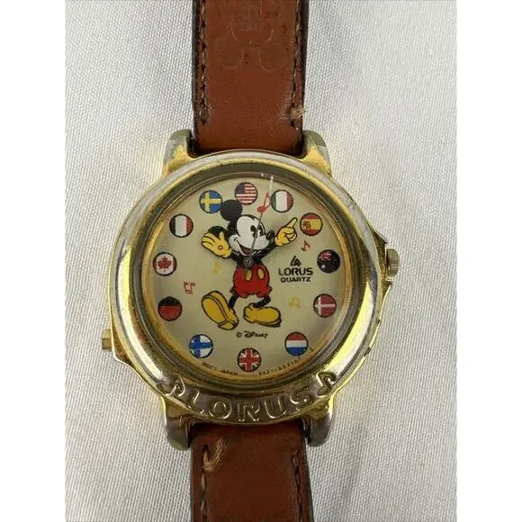 Vintage Lorus Seiko Mickey Mouse Watch Musical It's Small World Brown Band